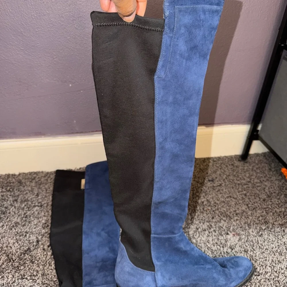 Vince Camuto Blue Suede Black Stretch Over The Knee Boots Womens 9M 39 Low Heel
